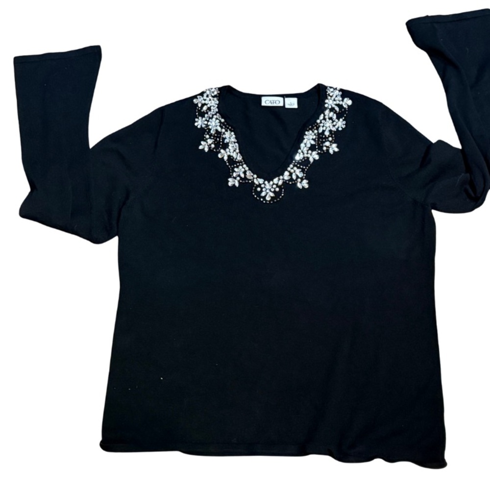Cato Black Beaded Neckline Sweater Top L Embellished Soft Knit